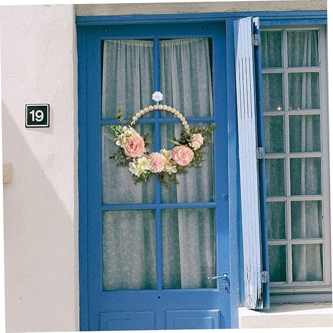 Spring Decorative Multipurpose Garland, Wood Bead Floral Wreath Artificial Flower with Eucalyptus Leaves Hanging Hoop for Wedding