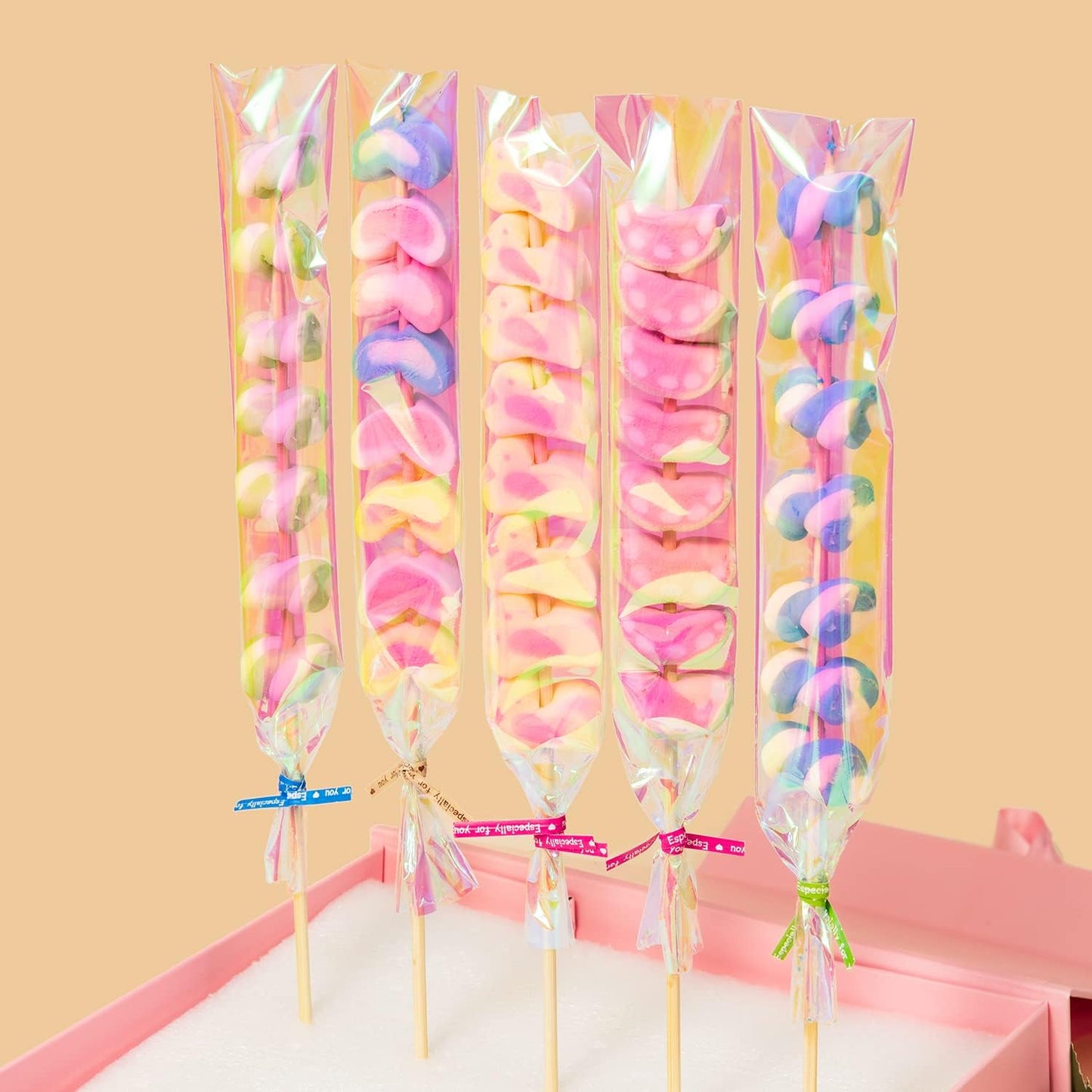 Cellophane Treat Bags, 2x10 Inch Iridescent Holographic Pretzel Bags With Twist Ties, Chocolate, Cookies (Pack of 100)