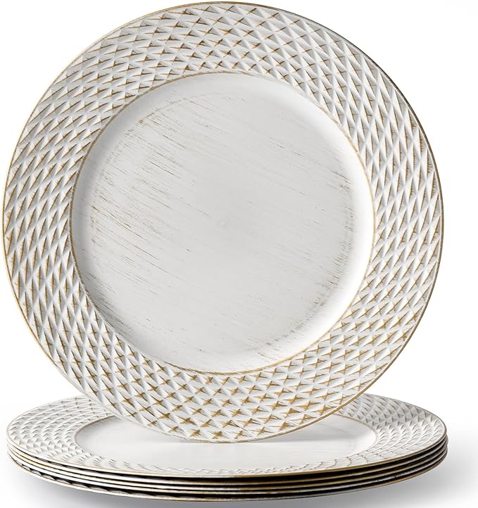 13" White Charger Plates, Round Plastic Server Ware Chargers for Dinner Plate, Decorative Table Setting Bulk Event, Party, Wedding, 6 Pack