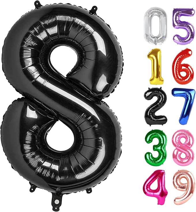Black Number 8 Balloon 40 Inch, 8th Birthday Party Decorations for Children, Giant 8 Foil Balloon for Party Supplies
