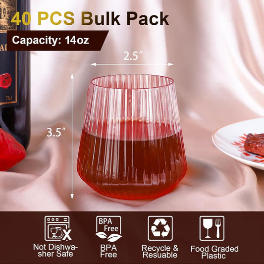 40 Pack Plastic Ribbed Wine Glasses, 14Oz Origami Disposable Wine Glasses Unbreakable Clear Plastic Cocktail Glasses Recyclable Shatterproof Reusable Wine Cups (14oz-pink-40pack)