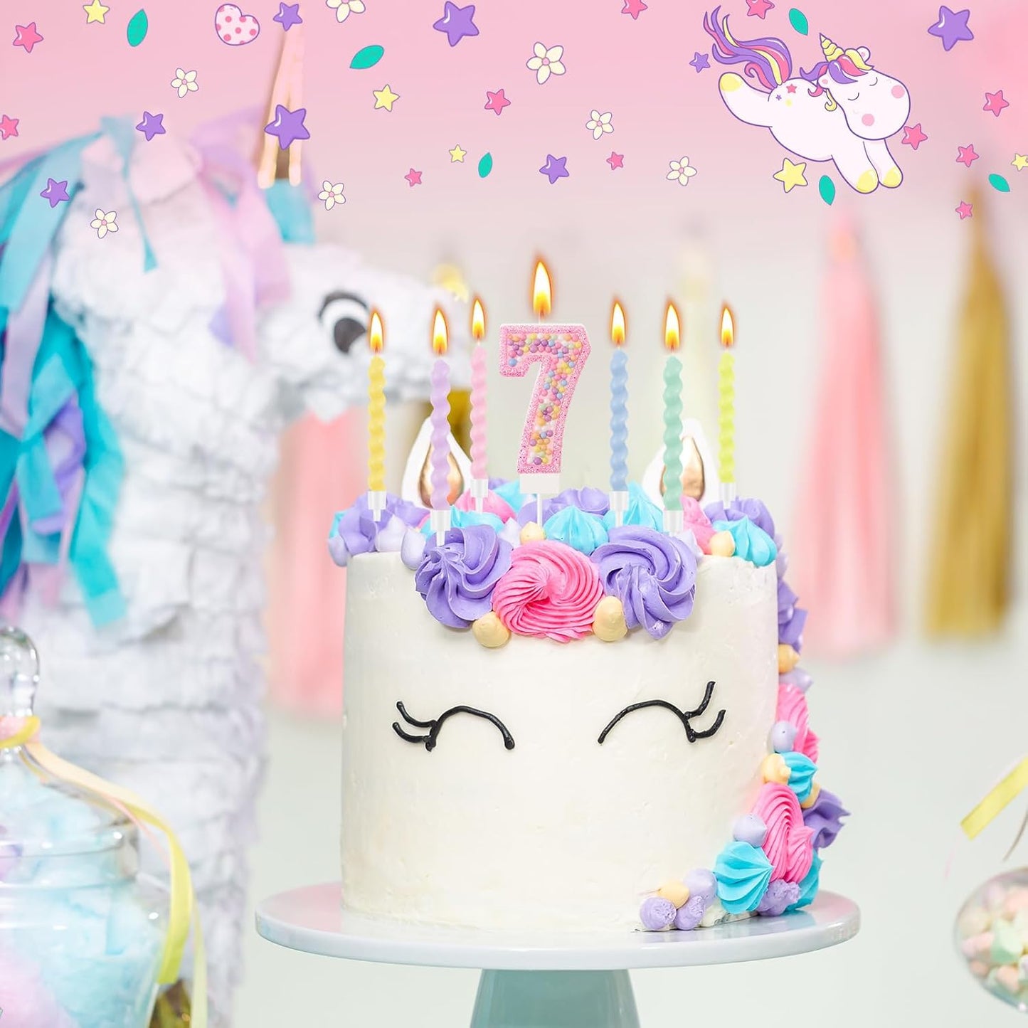 MTLEE Number 7 Birthday Candle with 12 Pcs Spiral Candles for Girls Macaron Pastel Rainbow Unicorn Pink Cake Topper for Sweet Theme Party Decoration