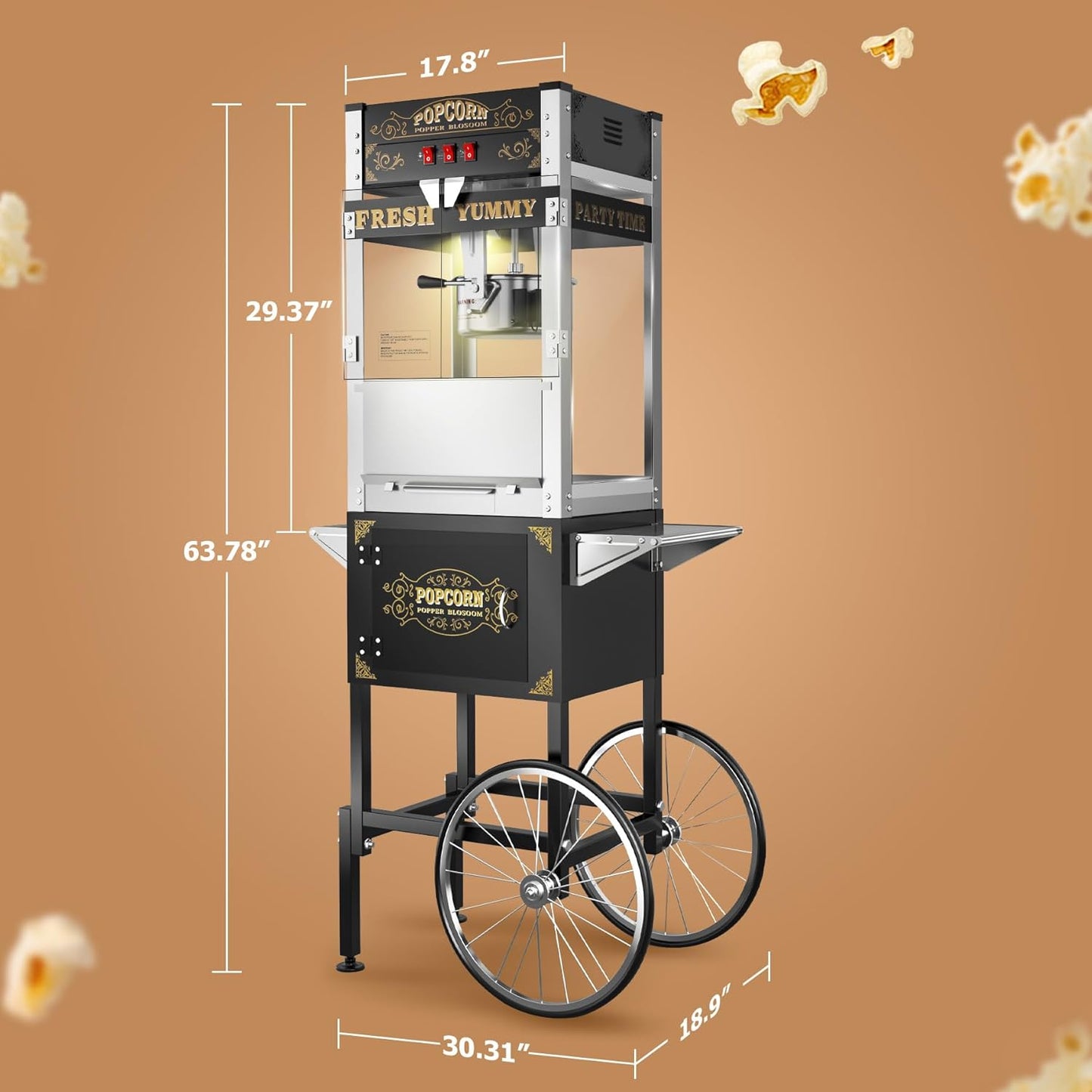 22oz Commercial Popcorn Machine with Cart, Large Popcorn Machine Makes Up to 80 Cups, Movie Theater Pop Corn Machine with Easy-Rolling wheels & Stainless-Steel Kettle, Black