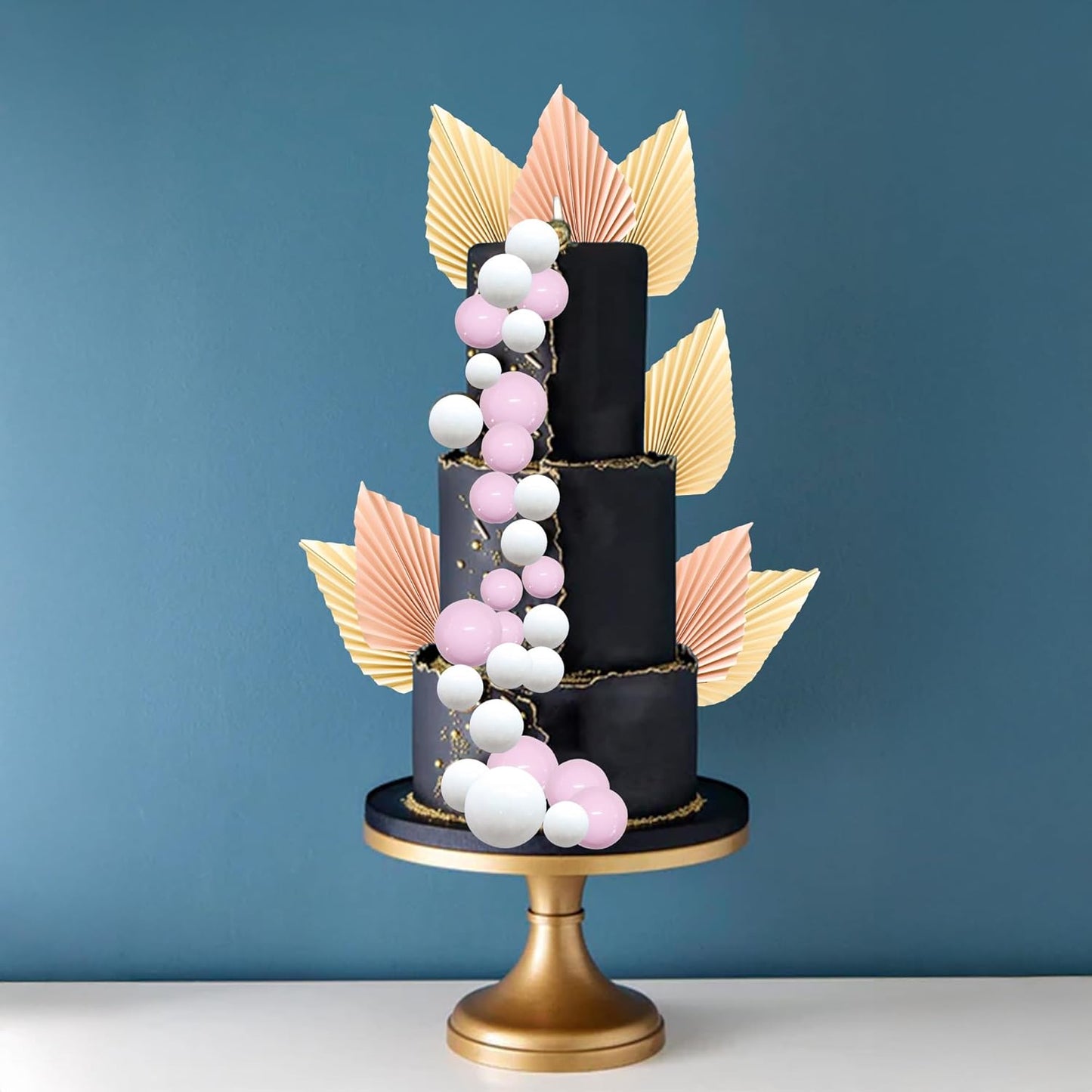 Ephlyn 28Pcs Paper Palm Fan Cake Topper Decorations Balls Cake Pick for Baby Shower Wedding Bridal Shower Birthday Party Cake Decorations Pink White