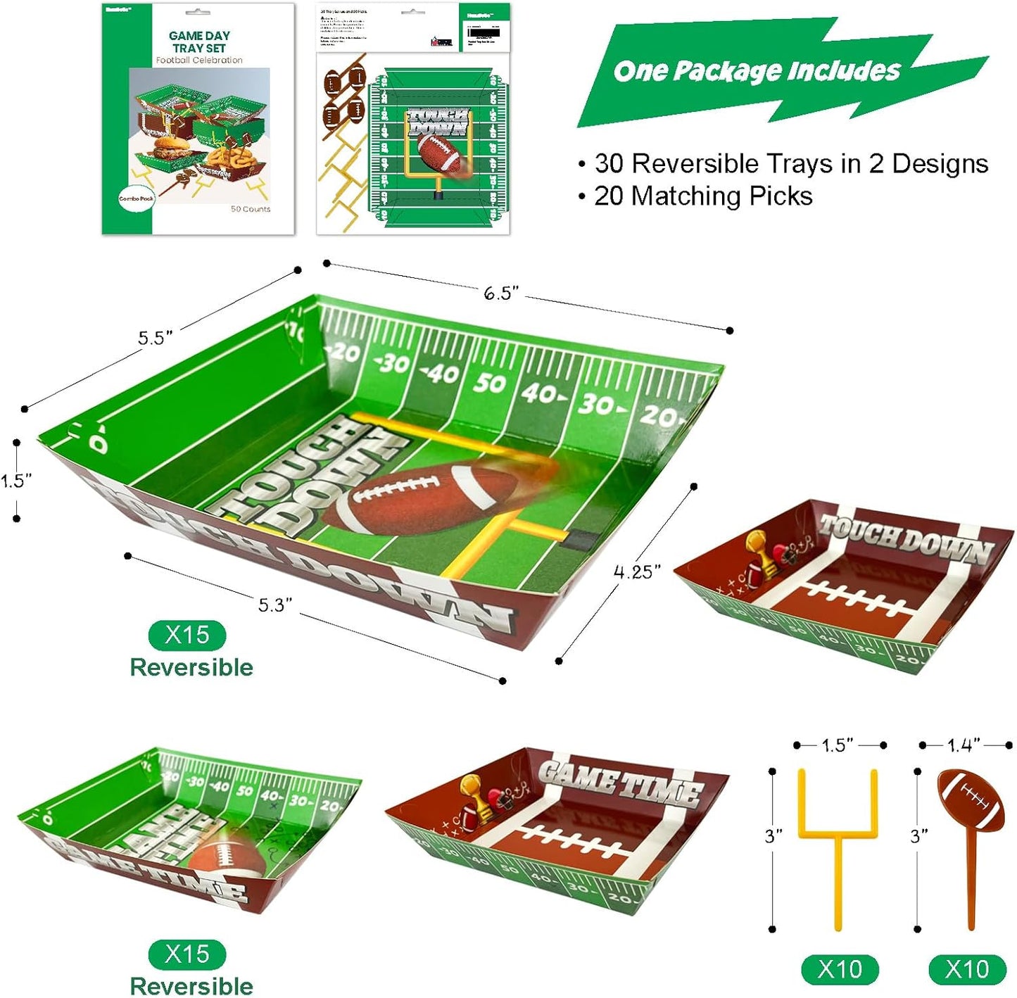 50-Piece Football Party Food Tray Box Kit - 30 Oil-Resistant Paper Snack Trays & 20 Goalpost and Football Picks for Nachos, Popcorn, Chips at Super Bowl, Tailgate, College Games, Sports Birthdays