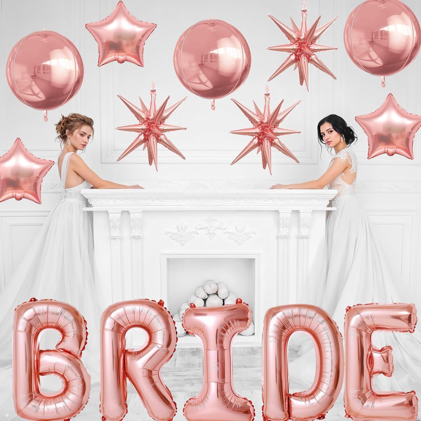 Rose Gold Bride Balloons Bachelorette Party Decorations, 32in Rose Gold Giant Bride Balloons with 4D Disco Ball Balloon and Star Foil Balloon for Bridal Shower Wedding Engagement Party Supplies