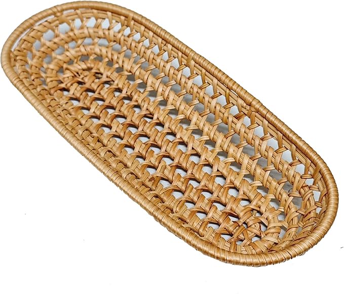 RT&BS Handwoven Utensil Basket, Small Rattan Bread Basket, Handwoven Narrow Baskets for Storing Flatware, Baguettes, Snack, Fruits at Home or Party (Honey Brown, Oval)