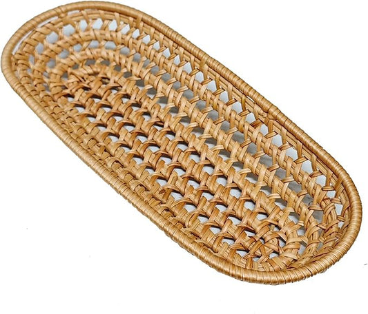 RT&BS Handwoven Utensil Basket, Small Rattan Bread Basket, Handwoven Narrow Baskets for Storing Flatware, Baguettes, Snack, Fruits at Home or Party (Honey Brown, Oval)