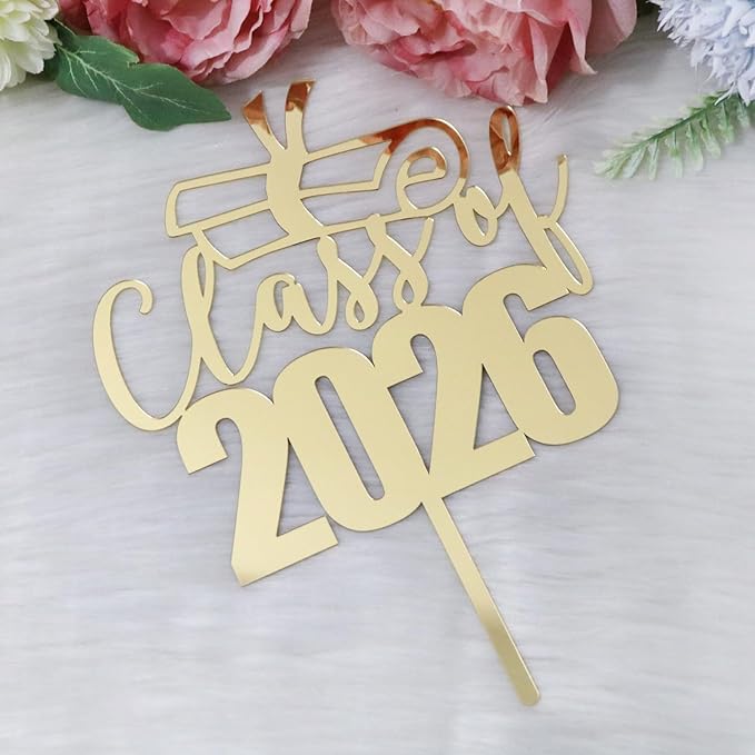 Mirror Acrylic Class of 2026 Cake Topper, Congrats Grad Cake Toppers - Gold Glitter Graduation Party Decorations