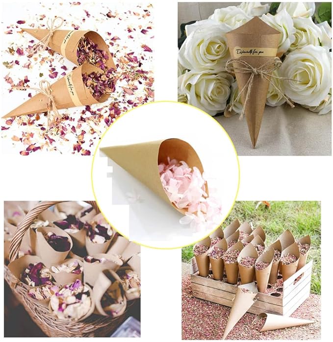 50pcs Wedding Confetti petals Cones, Kraft Cone Party Table Decor Candy Cones Charcuterie Cones Flowers Packing Bag
