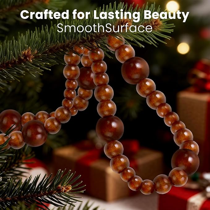 2PCS Christmas Wood Beads Garland 14.4 Feet Wooden Bead Garland Boho Ornaments for Christmas Tree, Xmas Vintage Rustic Farmhouse Round Craft Bead Hanging Holiday Decorations(Coffee)