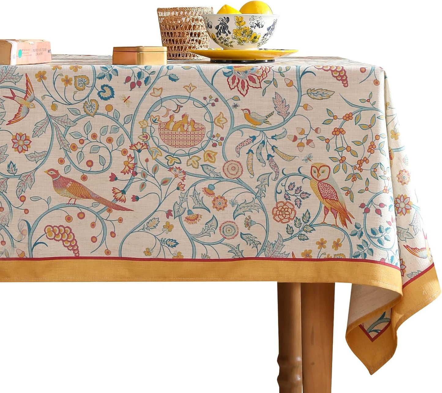 patdrea Designer Vintage French Tablecloth for Rectangle Table,Floral Birds Pattern Linen Table Cloth,Yellow Decor Cover for Kitchen Dining Banquet,Christmas,Thanksgiving,63"x110"-Magnolia