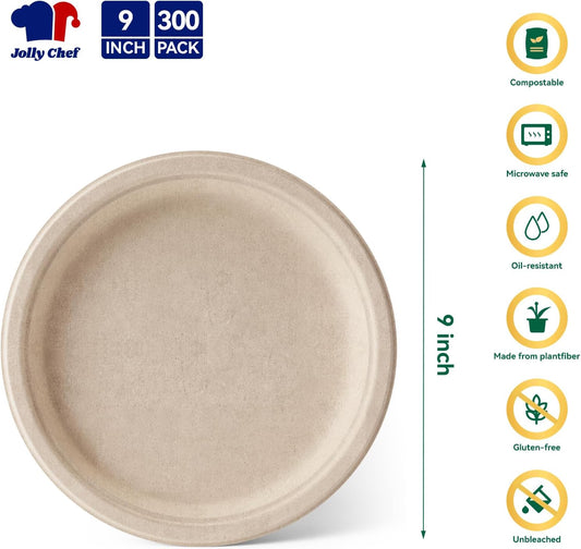 JOLLY CHEF Compostable Heavy Duty Plates 9 Inch [300 Pack] Eco-Friendly Disposable Natural Paper Plates Bagasse Biodegradable Bulk for Party Dinner Sugarcane Fibers Thanksgiving Day (Brown)