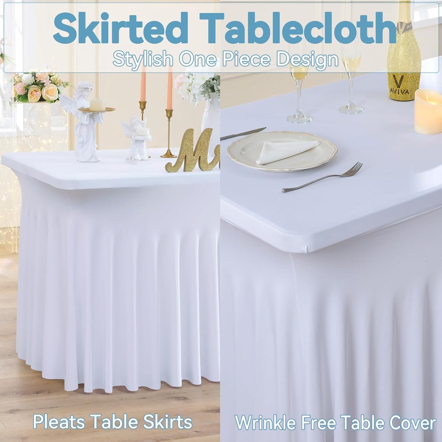 NSSONBEN 6 Pack White Spandex Tablecloth for 6 Foot Rectangle Tables,Wrinkle Free High Stretch Fitted Table Cloths 6ft, Elastic Spandex Table Covers 6ft with Pleats Skirt for Party Wedding Banquet