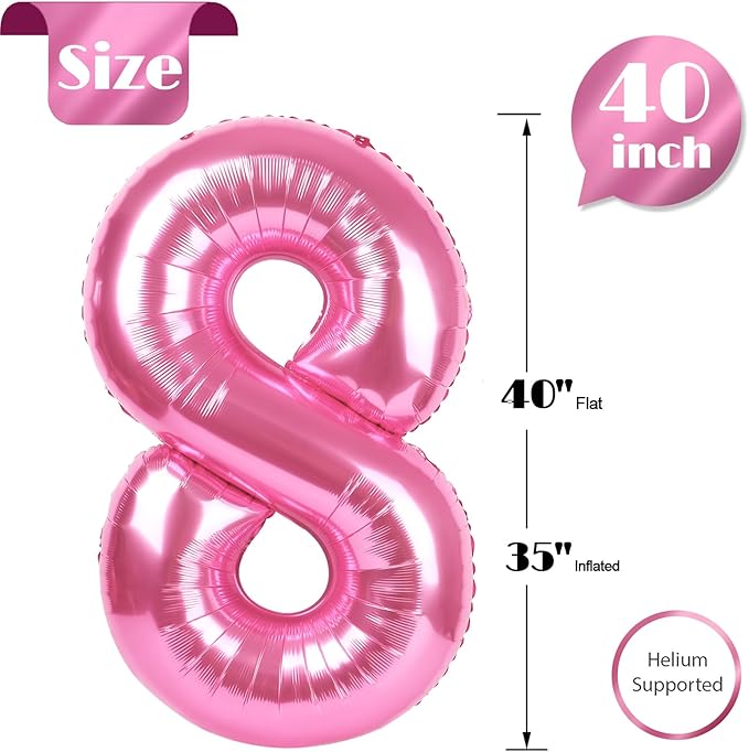 Pink Number 8 Balloon 40 Inch, 8th Birthday Party Decorations for Children, Giant 8 Foil Balloon for Party Supplies
