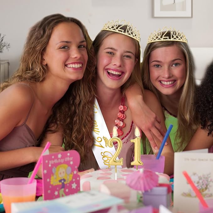 21st Birthday Decorations for Her with 21st Birthday Sash White and Tiara Gold, 21 Candles Gold, 21 Year Old Gifts for Her