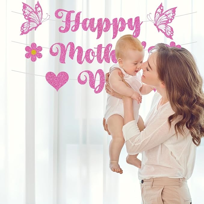 Happy Mother's Day Banner Set Decoration for Mother's Day Party Decorations Backdrop Garland for Mom Mother's Day Glitter Garland Photo Props (Pink Butterfly)