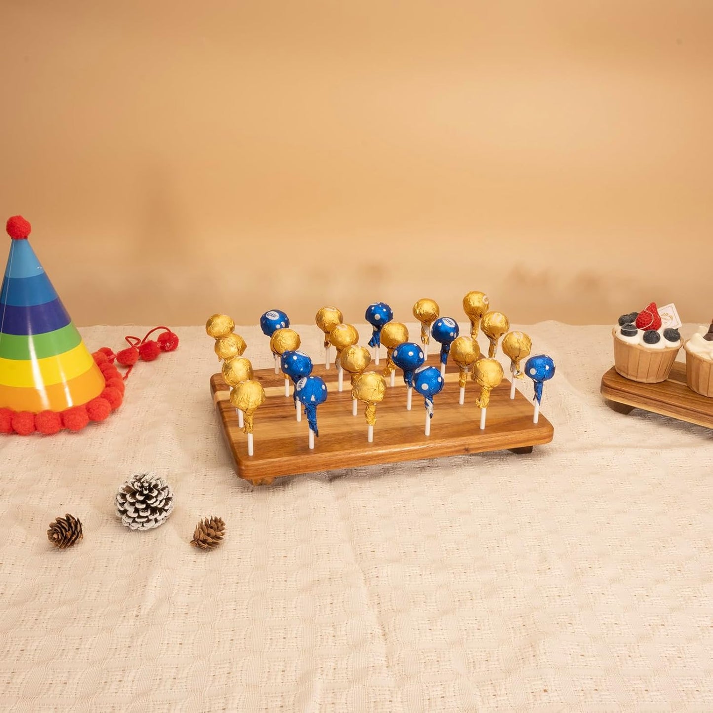 Wood Cake Pop Stand Display Riser 24 Holes Acacia Wood Lollipop Display Stand Holder for Weddings Baby Showers Birthday Party Anniversaries Holiday - Fit 5/32" (4mm) Lollipop Sticks (Brown)