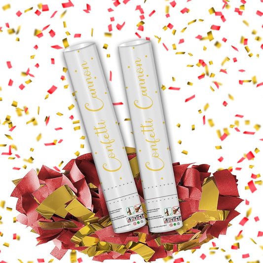 12" Red & Gold Confetti Cannons - Party Poppers for Wedding Birthday Graduation New Year Celebrations - Easy-to-Use - Pack of 2