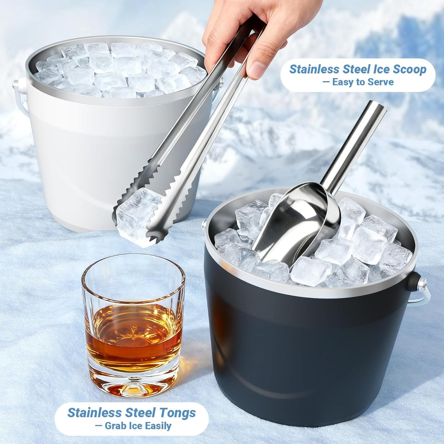 7L Beverage & Ice Bucket with Lid, Stainless Steel, Includes Scoop & Tongs, Holds 6 Beer Bottles or 3 Wine Bottles, Keeps Drinks Cold for Hours, Easy Carry Handle for Parties & Outdoor