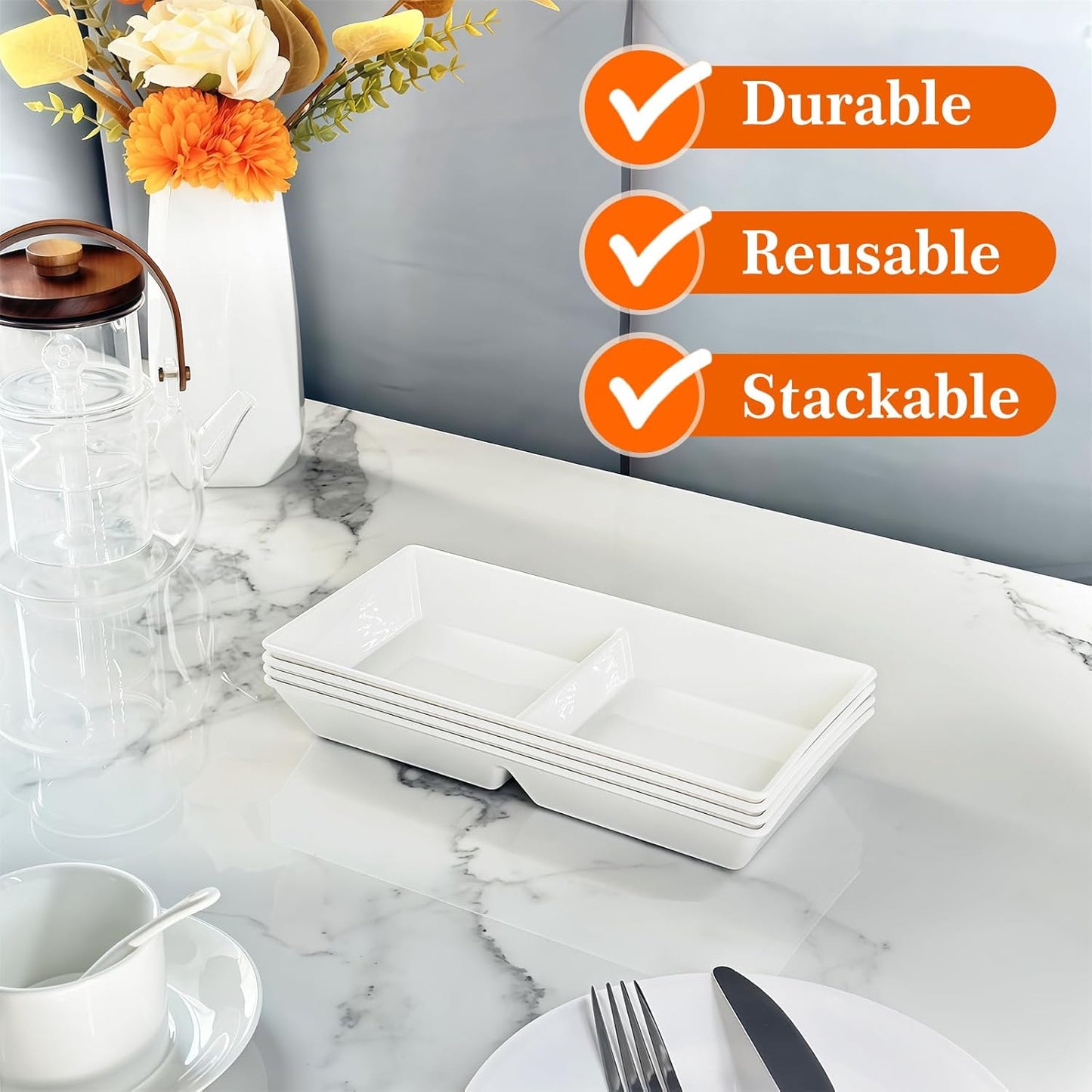 Divided Serving Tray Platter, 6 Pack 10" x 5" Fruit Veggie Food Tray for Party, Plastic Serving Trays for Appetizer, Snack, Dessert, Cookie, Brunch Decorations Platters, White Trays BPA-Free
