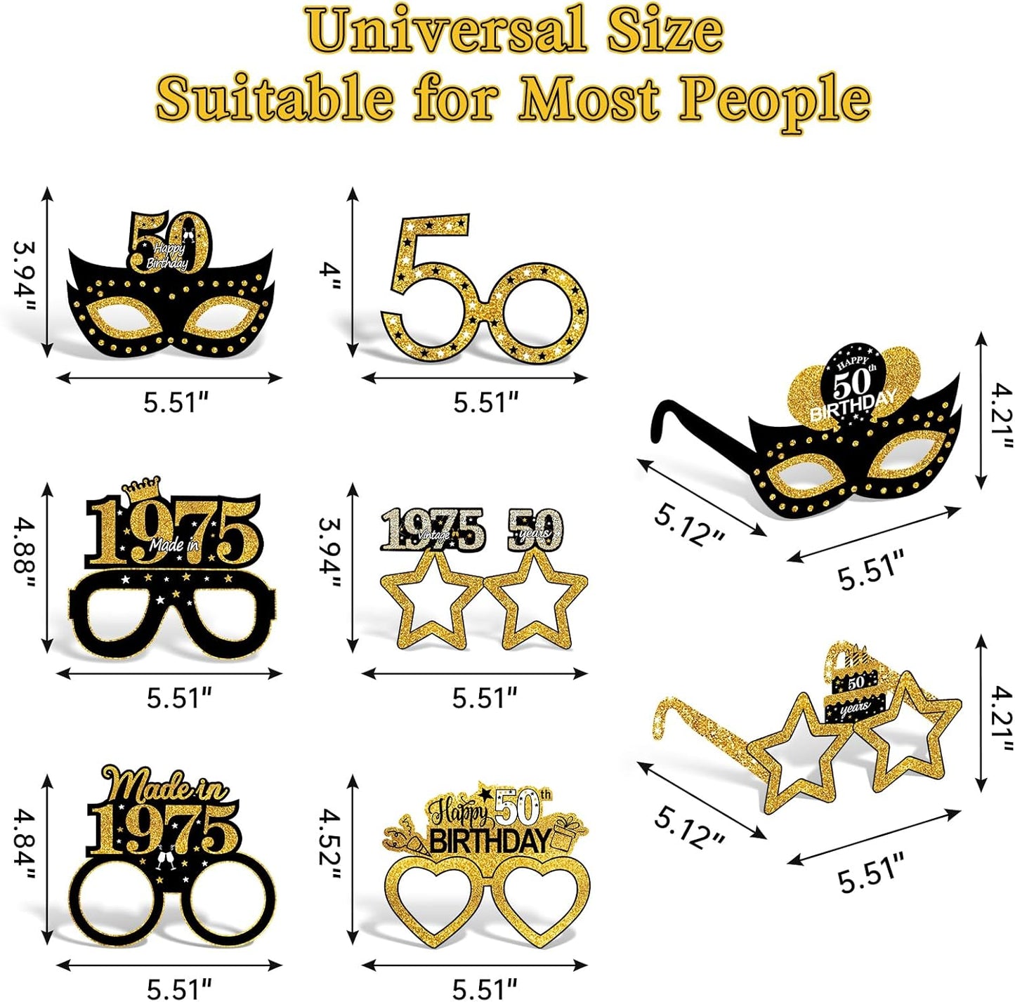 24Pcs 1975 50th Birthday Paper Glasses Decorations for Men Women - Black Gold Happy 50th Birthday Paper Eyeglasses Photo Props, Vintage 1975 Fifty Years Old Birthday Party Supplies