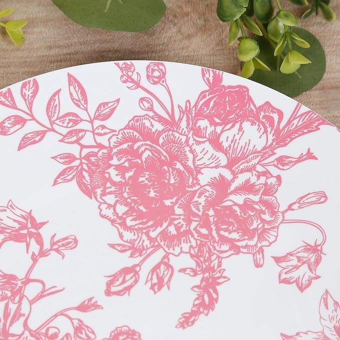 Efavormart 10-Pack French Toile Plastic Dinner Plates – Pink & White Floral, 10" Round Disposable Party Plates