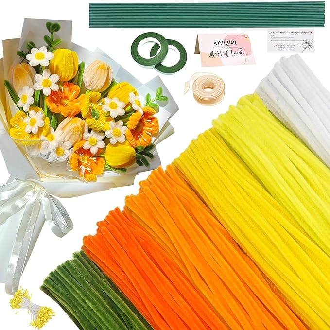 620 Pieces Pipe Cleaners Craft Set, 600 Pcs Chenille Stems with 20 Pcs Flower Stems, Craft Supplies Bulk for DIY Art and Craft Projects Creative Gift Wrapping Party Decorations(Golden Yellow Series)