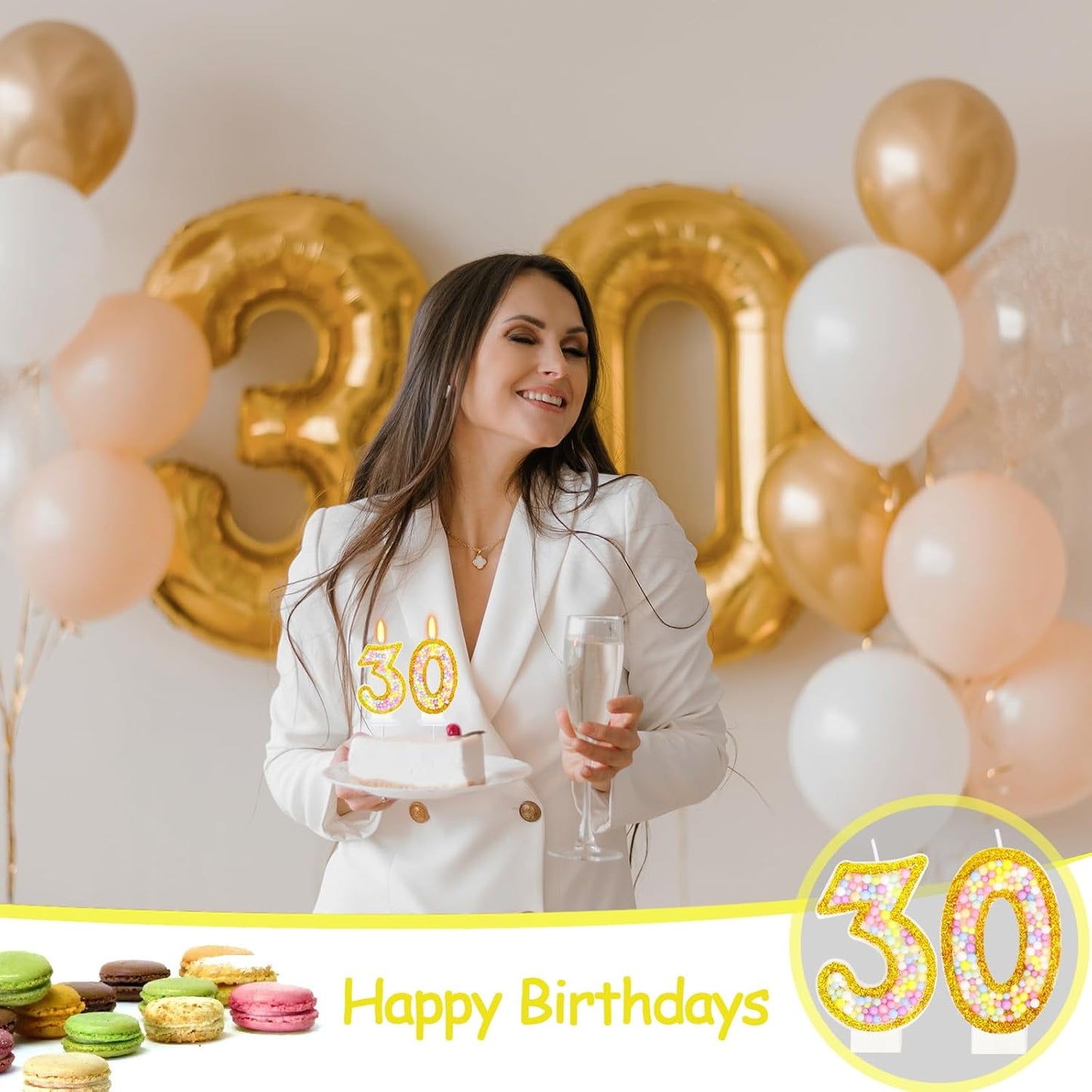 30th Birthday Candle for Cake, Colorful Macaron Numeral Candles for Women/Men, Birthday Party Cake Decorations, Golden Cake Topper for Birthday Party Supplies (Number 30)