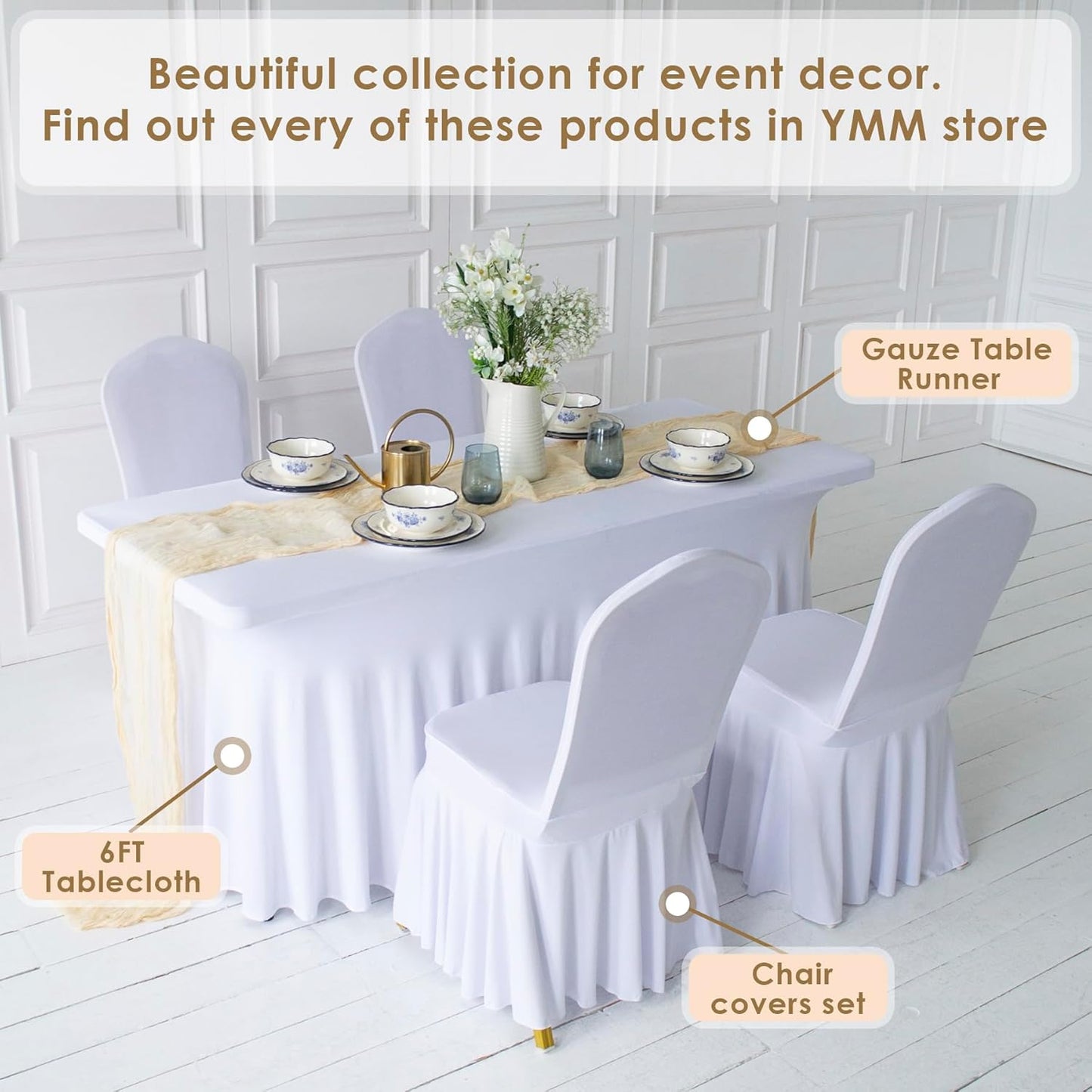 Your Magic Moment Spandex Table Skirts 2 PC Set White for Rectangle Tables 6ft 2 Fitted Table Covers for 6 Foot Tables Elastic Tablecloth for Birthday Party, Events, Banquette Baby Shower