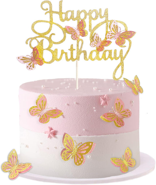 13-Piece Butterfly Cake Toppers - 3D Butterfly Cupcake Toppers for Girls & Women's Birthdays (Pink & Gold)