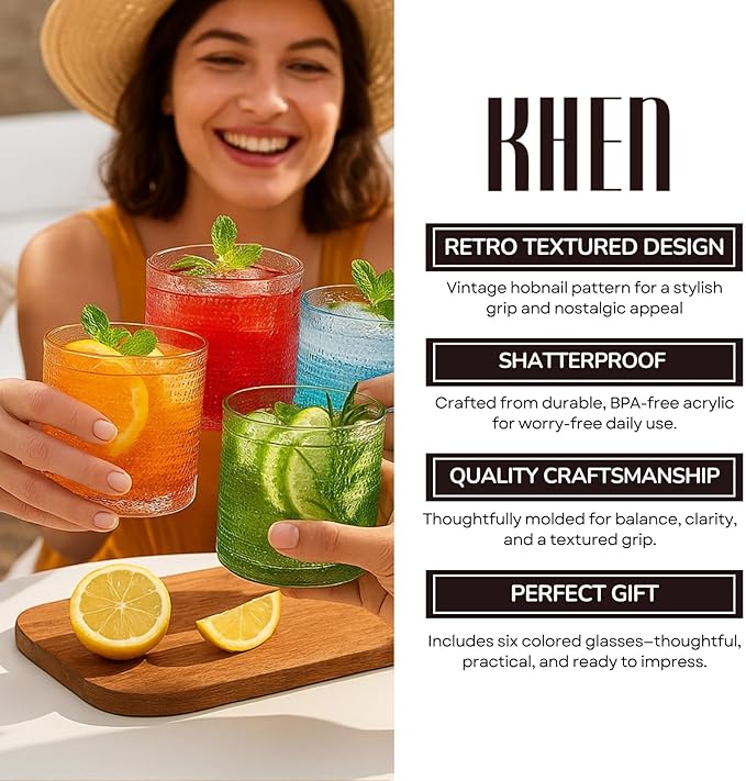 Khen Plastic Hobnail Drinking Glasses Set of 6 Neutral Tones Cups 14oz, Shatterproof & Unbreakable Acrylic Beaded Design, BPA-Free, Dishwasher Safe Indoor/Outdoor Drinkware for Water, Juice, Cocktails