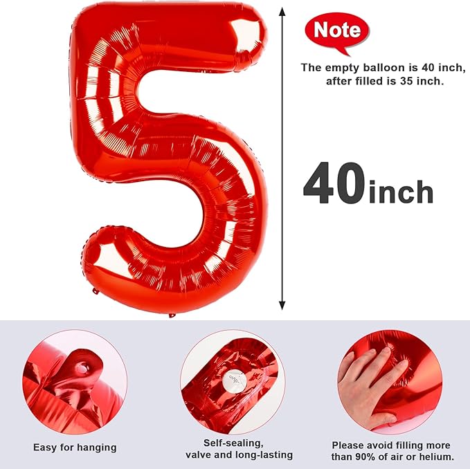 Balloon Numbers 40 Inch 5 Ballon for 5th Birthday Decorations, 15 25 35 50 Big Red Number Balloons for Wedding Photo Shoot Party Decor