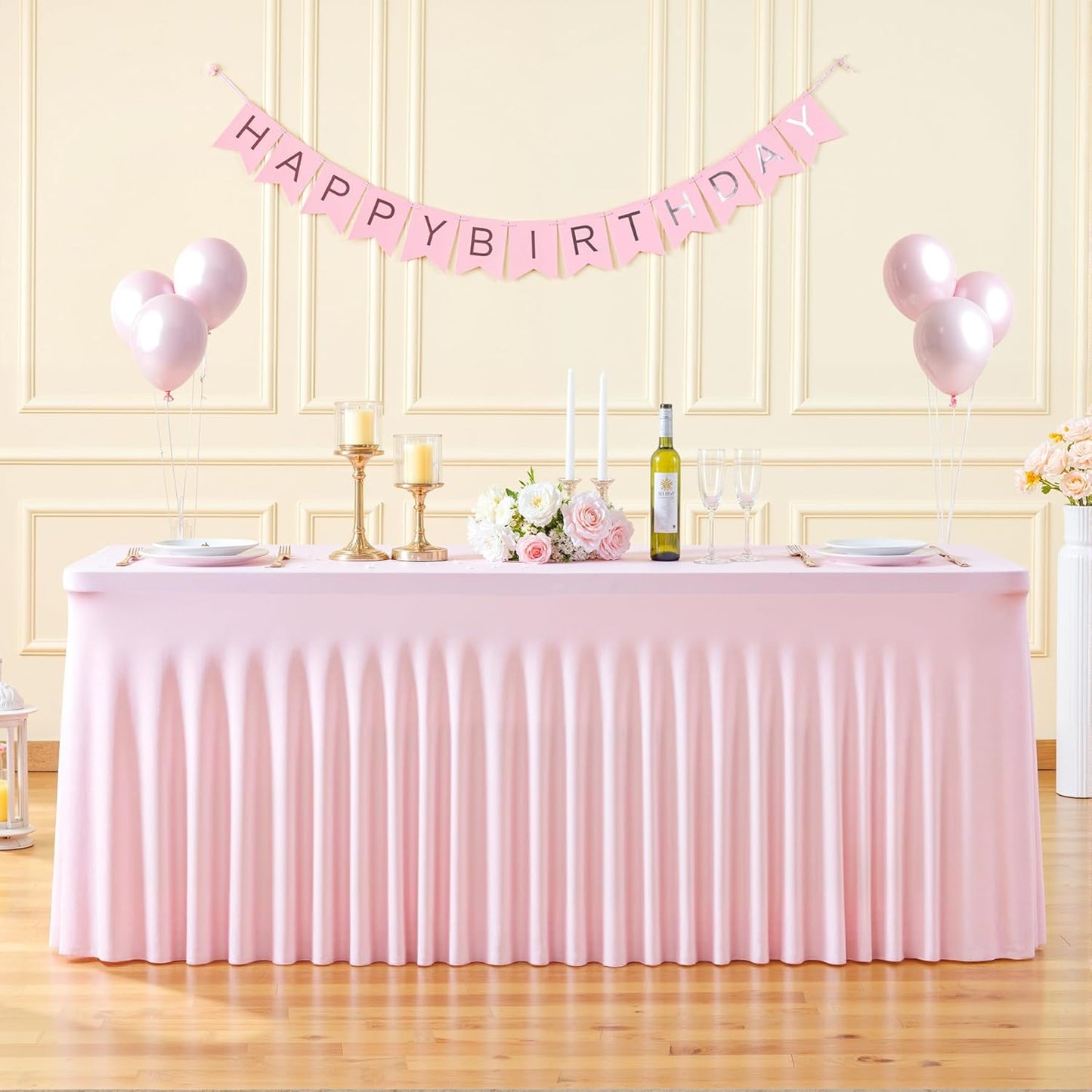 4 Pack 6ft Pink Spandex Table Cloths for Rectangle Tables Wrinkle Free Pink Rectangle Tablecloths Stretch Fitted Table Cover with Skirt for Baby Shower Girl Birthday Party Wedding Banquet Buffet