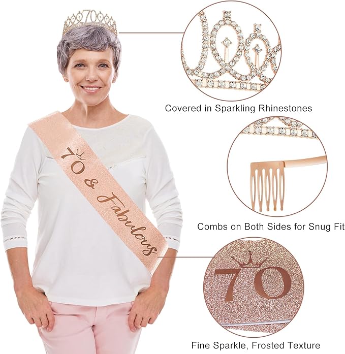 70th Birthday Decorations for Women: 33pcs Kit with Crown, Sash, Banner, Backdrop, Balloons, Swirls & Fans in Rose Gold & Black
