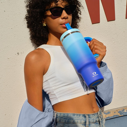 40 oz Tumbler with Handle and Straw: Stainless Steel Insulated Tumbler Keeps Cold for 24 Hours, Leakproof Travel Cup Fits in Cup Holder and BPA-Free, Sea