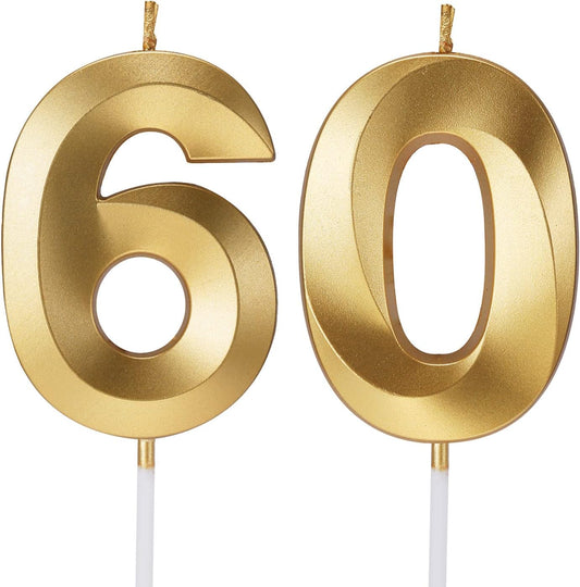60th Birthday Candles for Cakes Numbers Candle Happy 60 Birthday 3D Designed Wedding Anniversary Party Cake Topper Decorations (60, Gold)