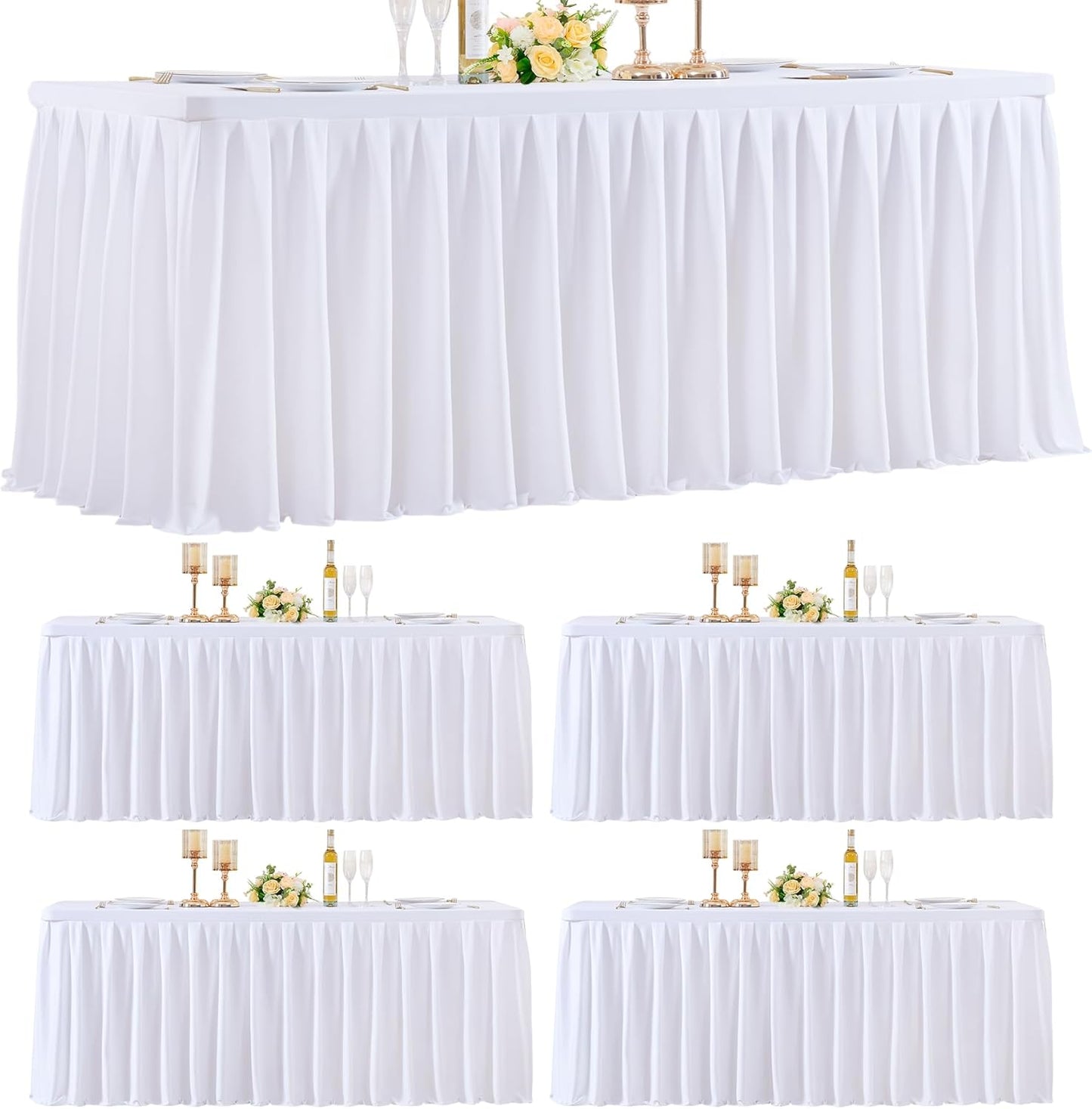 HB HBB MAGIC 4 Pack White Tablecloths for 6 Foot Rectangle Tables, Elegant Pleated Table Skirt – Wrinkle Free Stretch Fitted Table Cover for Weddings, Banquets, Birthday Parties & Events
