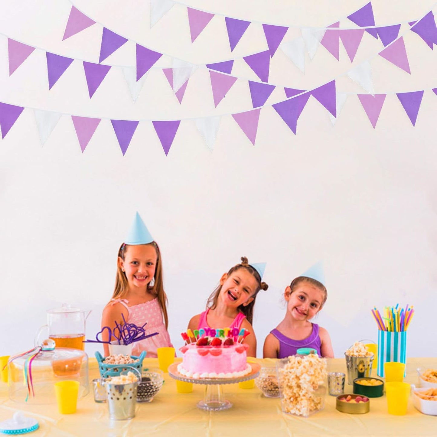 10M/32Ft Purple and White Pennant Banner Fabric Triangle Flag Cotton Cloth Bunting Garland Kit for Wedding Birthday Lavender Party Home Nursery Outdoor Garden Hanging Festivals Decoration (36Pcs)