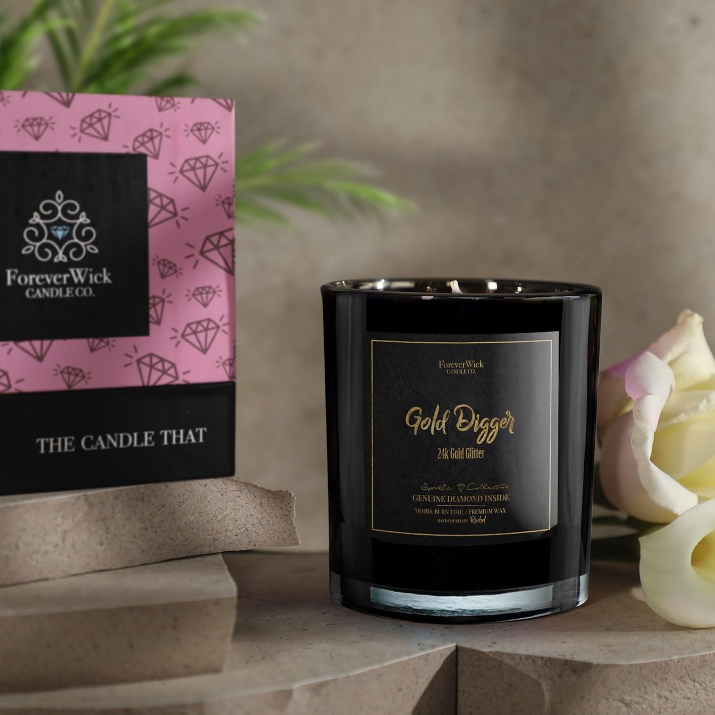 Gold Digger Sparkle Sandlewood & Amber Surprise Candle with Diamond Inside | Foreverwick Candles | Scented Soy Candles Gifts for Women Aromatherapy Candle | All-Natural Organic Soy Candle 14oz | 70h
