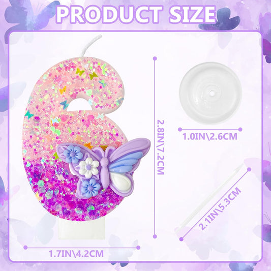 HXOUSE Butterfly Number 6 Birthday Candles - Pink & Purple Butterfly Birthday Candles for Cake, 6 Candle Topper for Anniversary Celebrations Supplies, Fairy Party Decorations for Girl (Number 6)