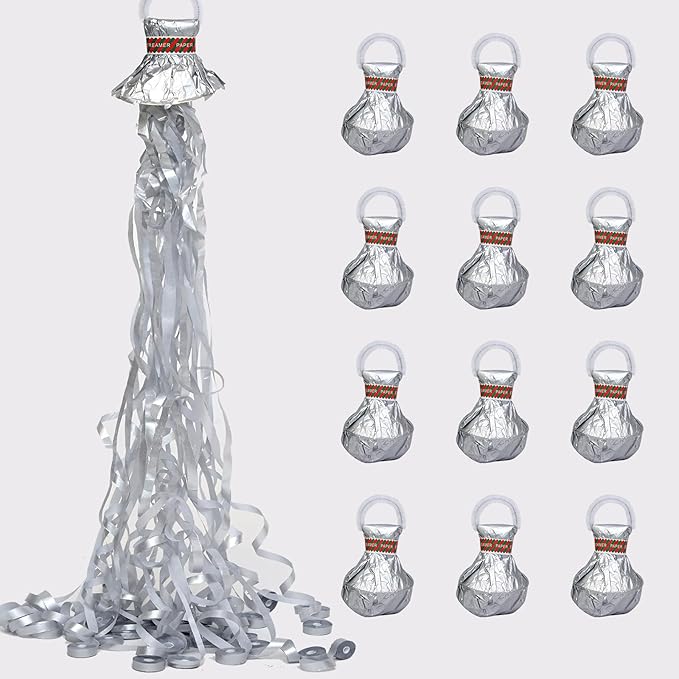 24Pack Silver Hand Thrown Streamer Poppers, Confetti Streamers No Mess Party Poppers, Streamers for Weddings Birthdays Events, Quiet Easy Cleanup (Silver, 24Pack)