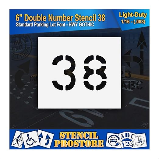 Pavement, Curb, and WheelStop Stencils - 6 inch Double Number Stencil - (38) - 6" x 9" x 1/16" (63 mil) - Light-Duty