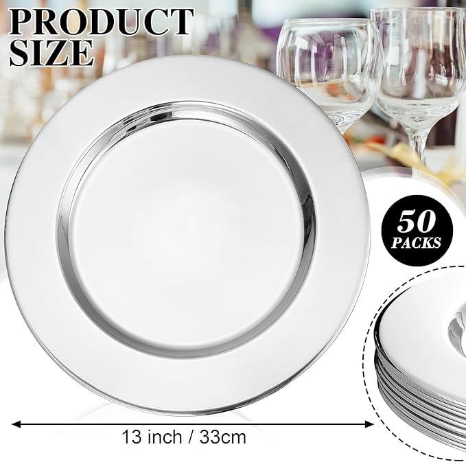 Vesici 50 Pcs Silver Stainless Steel Charger Plates 13 Inch Round Metal Charger Plates Bulk Mirror Elegant Charger Luxury Table Decor for Wedding Dinner Party