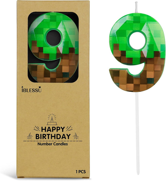 Pixel Birthday Candle, 2.68 Inch Miner Number Candles, Game Themed Candle Birthday Decoration for Pixel Theme Birthday Anniversary Dynamite Video Game Party (Green, 9)