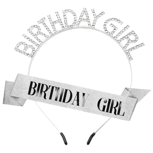 Birthday Sash Birthday Crown for Women, Birthday Girl Sash, Birthday Girl Crown, Glitter Silver Birthday Sash and Crown Rhinestone Headband Set, Happy Birthday Girl Princess Tiara Sash Accessories
