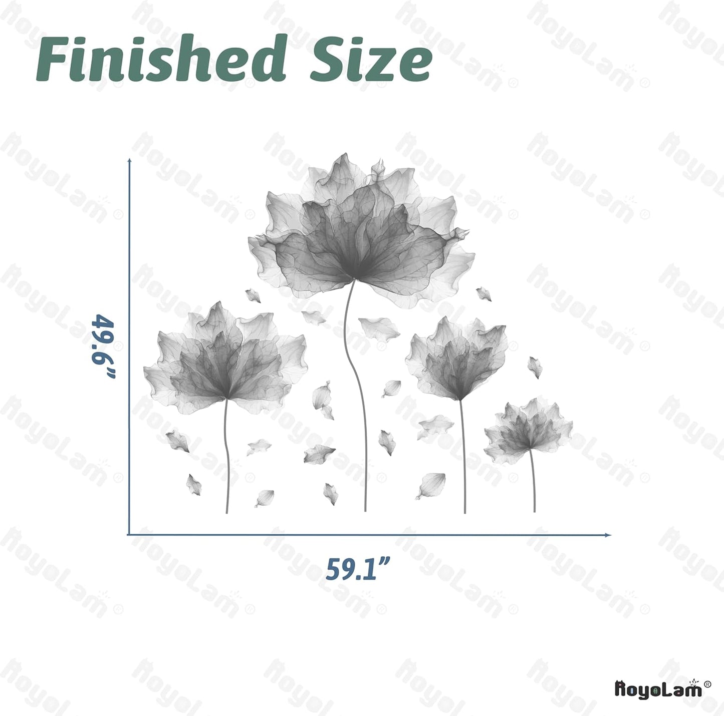 59.1'' x 49.6'' Huge Flower Petal Wall Decals Living Room Floral Wall Stickers Removable Peel and Stick Waterproof Wall Art Decor Stickers for Bedroom Bathroom Office (Gray)
