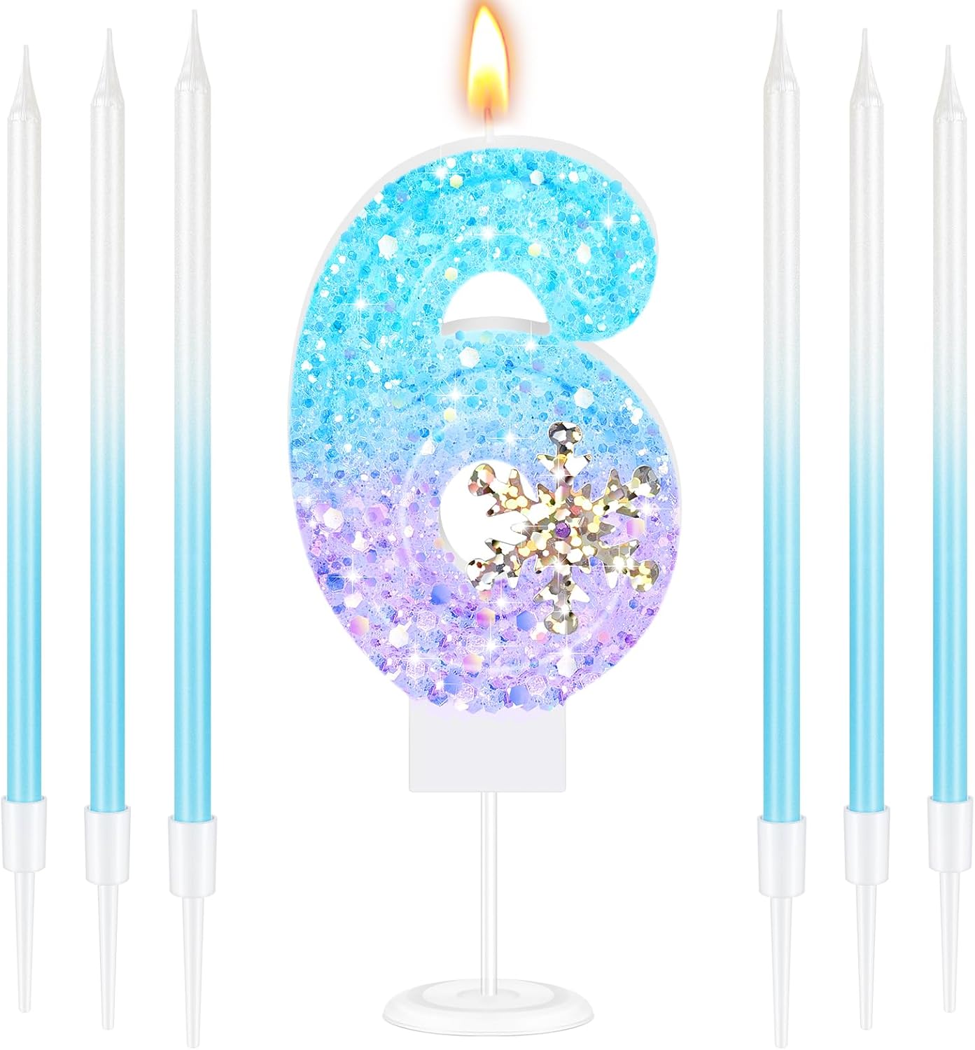 MTLEE Number 6 Birthday Candle Blue Snowflake with 6 Long Thin Cupcake Candles Blue Sparklers Glitter Number Happy Birthday Cake Topper Decorations for Winter Party Supplies