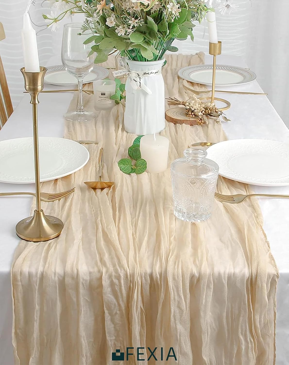 FEXIA Beige Cheesecloth Table Runner 35x120 Inches Ivory Gauze Rustic Boho Spring Easter Table Runner for Engagement Party Decorations Bridal Shower Wedding Party First Communion Centerpiece