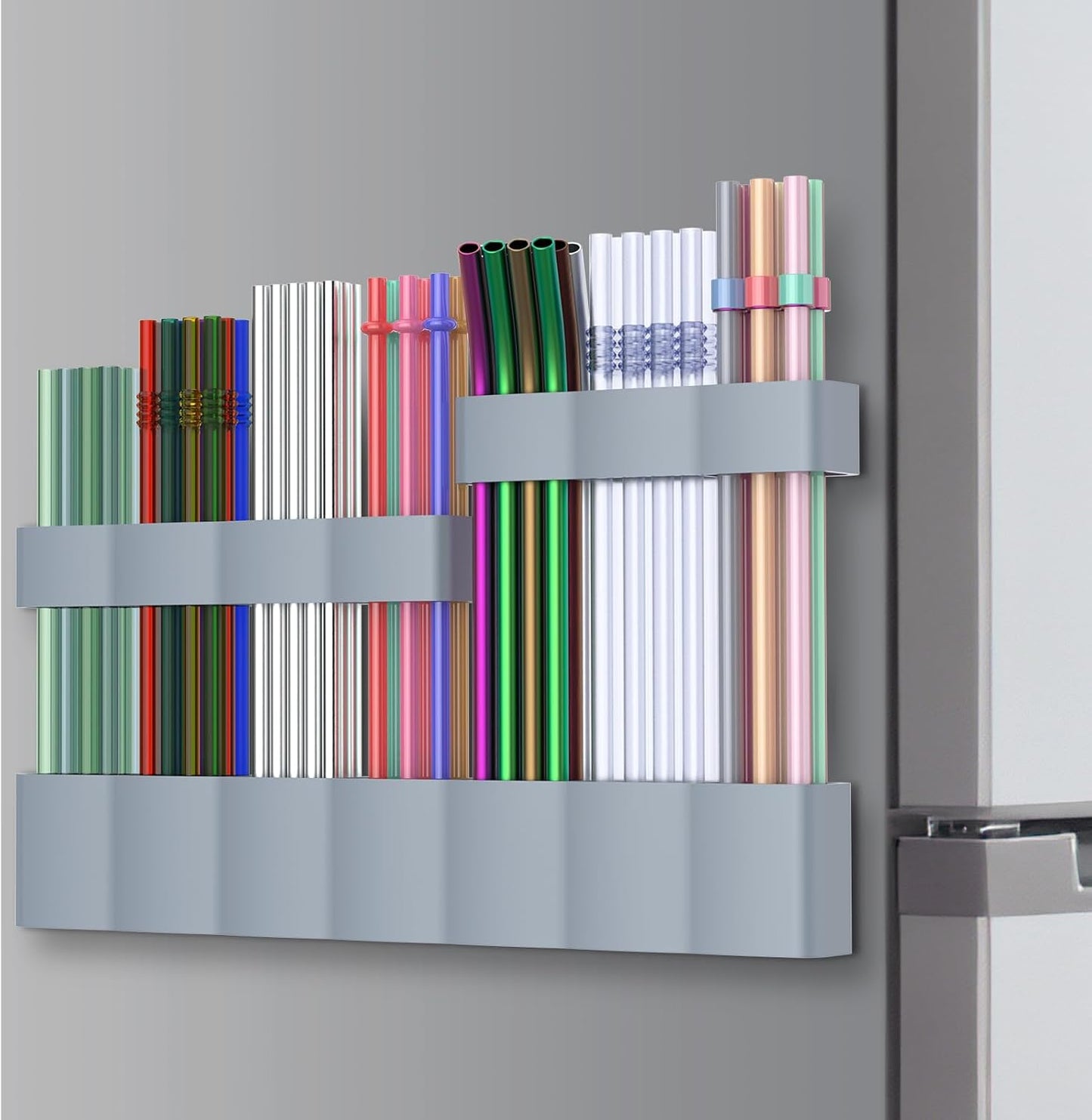 Straw Holder Large for Refrigerator 11”2025 Adjustable Two-Part Magnetic 3in1 Split Design Reusable Tumbler Straw Organizer Storage (Dark grey)